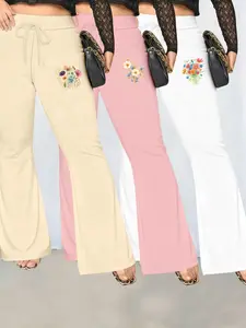 Women's Casual Fashion Wide-Leg Fitted Pants, Drawstring Waist Design, Floral Print Yoga Jogger Bottoms, All-Season Wear, Womenswear