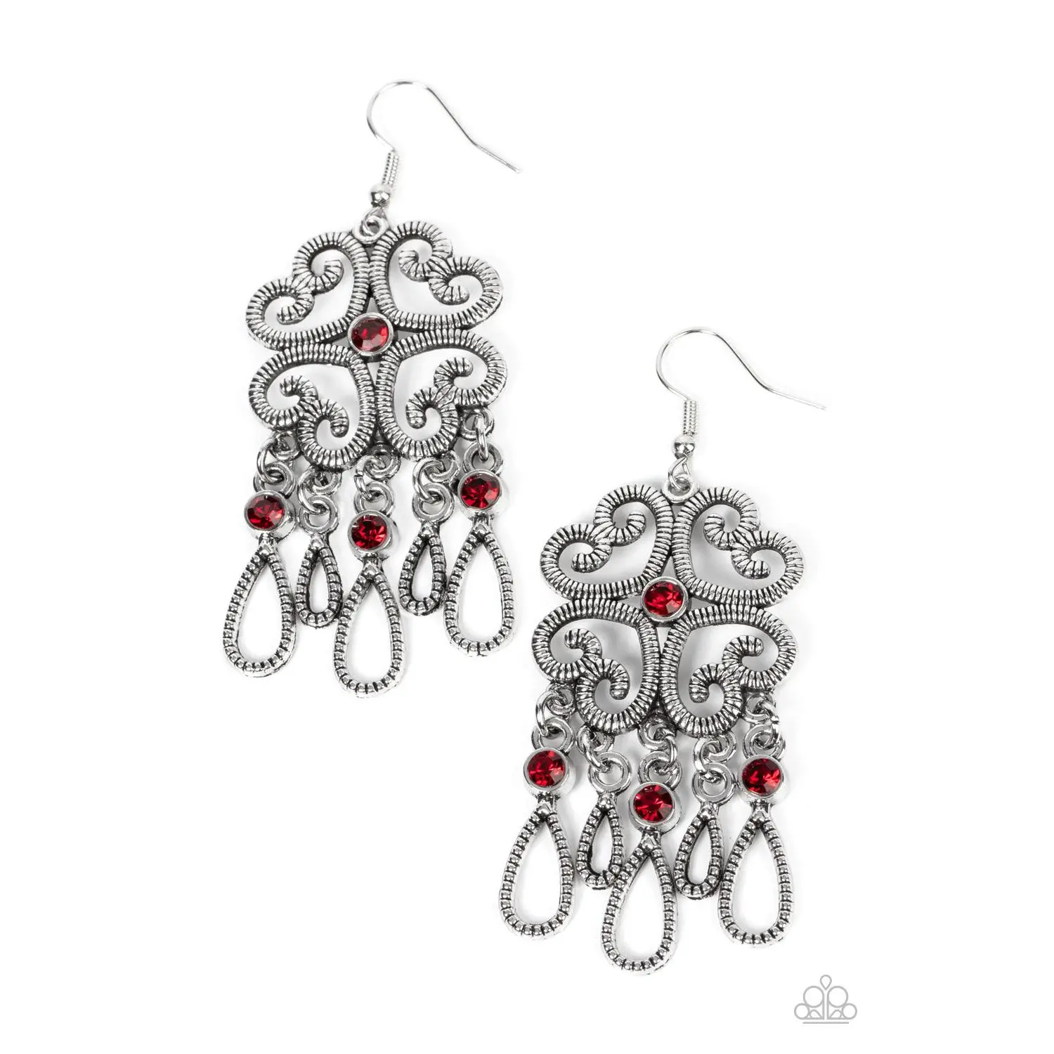 Majestic Makeover - Red Rhinestone Silver Heart Earring - Paparazzi
