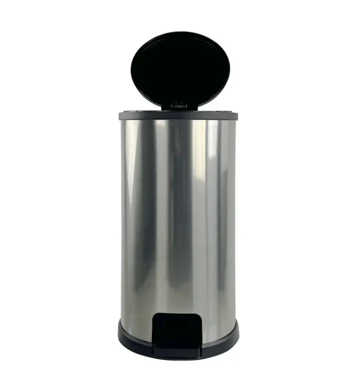 Kitchen Trash Can 7.9 Gallon Plastic Step Garbage Bin with Lid Silver Finish for Home Use Compact Stylish Hygienic Waste Management