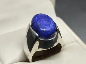 Natural Cabochon 12 Carat Blue Lapis Lazuli Sterling Silver 925 Handmade Men's Plain Ring
