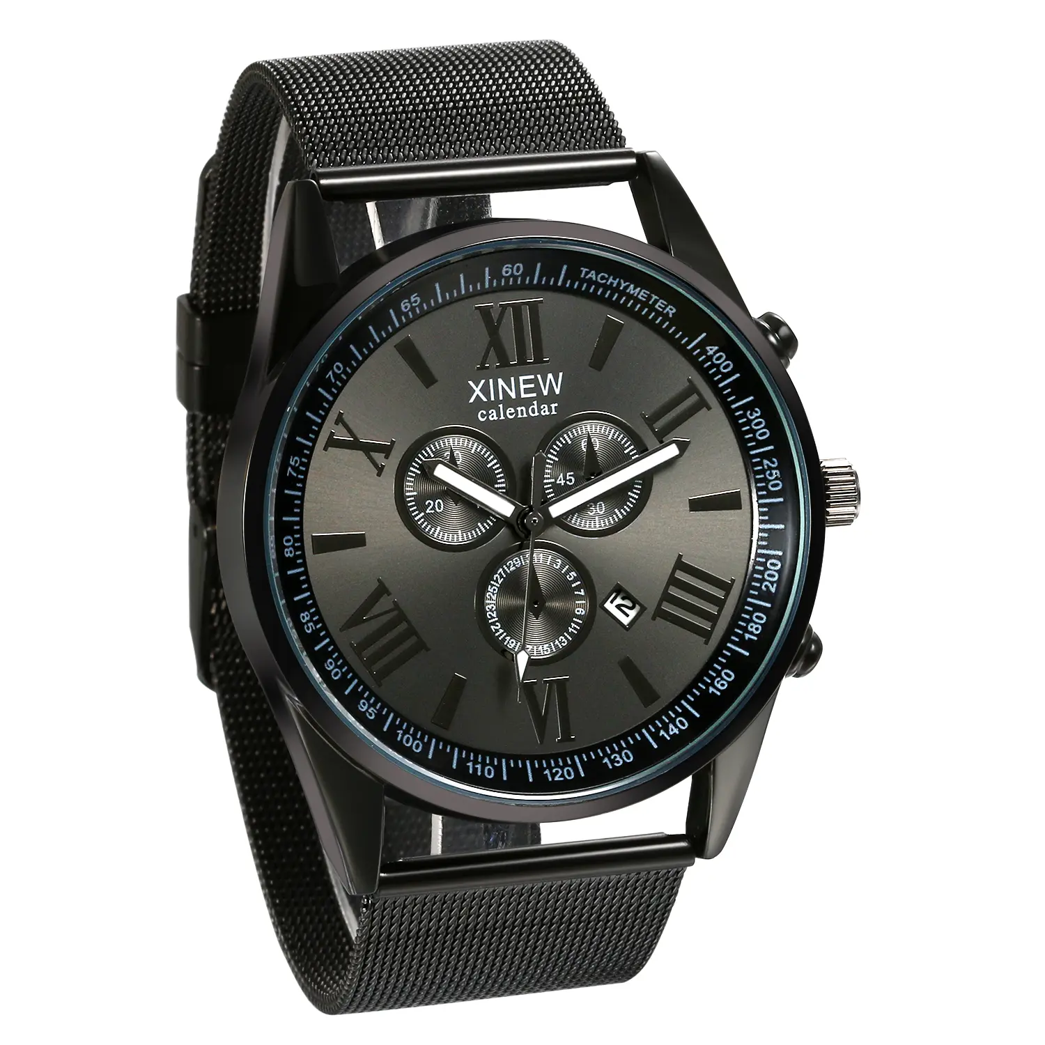 OIDEA Men's Sport Dress Watch, Three-Eye Roman Numeral Dial with Tachymeter, Stainless Steel Mesh Band, 3ATM, Japanese Movement Wristwatch