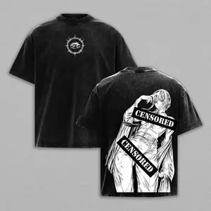 Makima Control Devil Monochrome Chainsaw Man Anime Double Printed Vintage Washed Tee Unisex Oversize Heavyweight Cotton Manga Graphic Crewneck Soft Tops Natural Shade T-shirt Anime Gift
