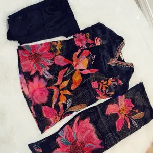 Black Digital Print Punjabi Suit with Neck Embroidered Casual Womenswear