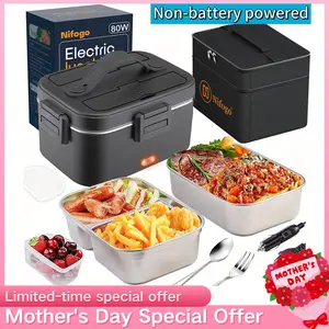 80W Fast Heating Nifogo Electric Lunch Box 1.8L Stainless Steel Double Layer Insulation Portable Display Screen 12V 24V 110V Square Black for Car Truck Office Construction Site
