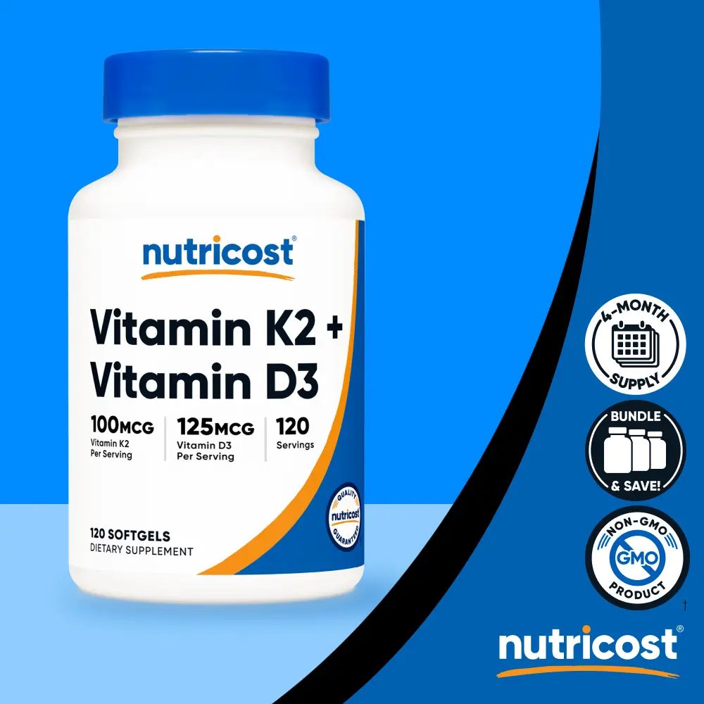 Nutricost Vitamin K2 + Vitamin D3 Softgels - Nutritional Health Supplement Nutricost Vitamin K2 + Vitamin D3 Softgels - Nutritional Health Supplement