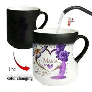 Magic Color-Changing Heart Mug, Funny Coffee Mug, Mama & Flowers Design, Thermosensitive Ceramic, 330ML, Mother's Day Gift, Birthday Present for Mom