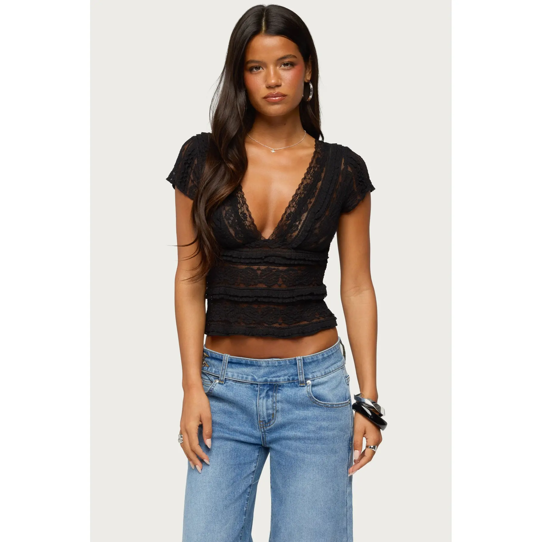 Avalee Sheer Lace V Neck Top Avalee Sheer Lace V Neck Top