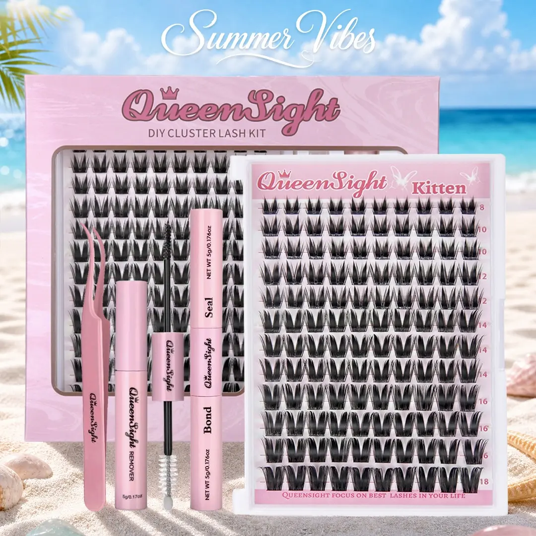 queensight Kitten Lash Cluster Kit, Waterproof DIY Eyelash Extensions for Beginners, 8-18mm Mixed Lengths, Lightweight & Fluffy Natural Look with Bond, Seal, Tweezers & Remover, Cosmetic
