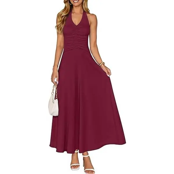 MEROKEETY Women's Formal Wedding Guest Dress Summer Backless Sleeveless  Halter Tie V Neck Ruched Cocktail Maxi Dresses - TikTok Shop