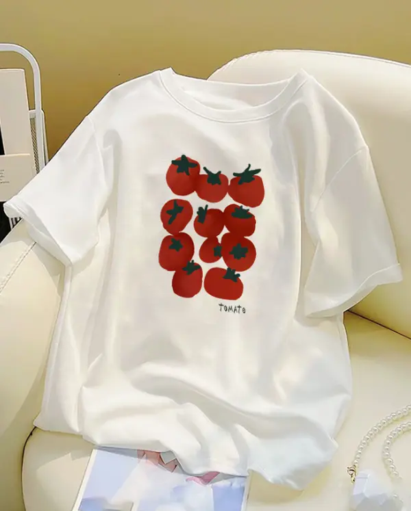 SohoChic-  Stylish Fruit Print Short-Sleeve T-Shirt for Women, Perfect for Summer, Loose Fit, Round NeckTop.