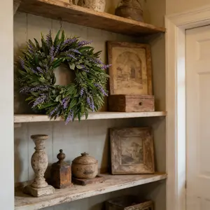 Country Style Lavender Wreath, Seasonal Wreath, Artificial Eucalyptus and Mixed Leaves, All-Season Home and Entryway Decoration