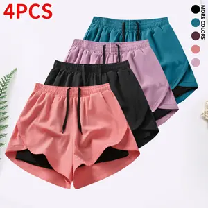 4-piece set: women’s casual athletic shorts outfit with built-in lining, drawstring, and elastic waistband — suitable for outdoor sports, fitness, running, and casual wear; women’s summer shorts bottoms.