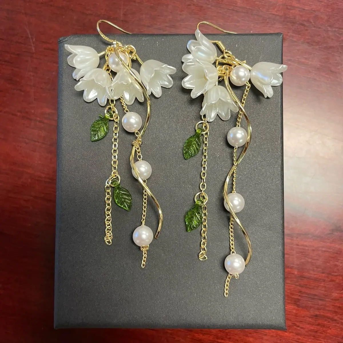 Long Lily of the Valley Earrings with Faux Pearl and Leaves Tassel