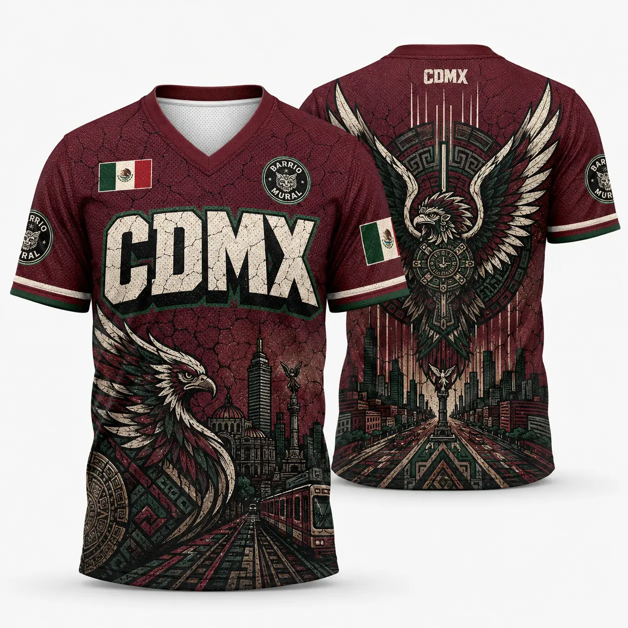 Men's Sporty V-Neck T-Shirt with Geometric CDMX Eagle Artwork, Casual Shortsleeve All-Over Print Streetwear, Menswear, Graphic, Cultural, Outdoor, Tops