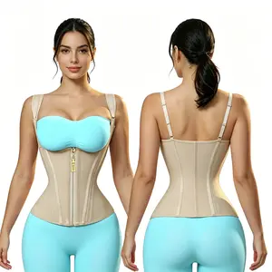 Women's Beige Waist Trainer Corset, Adjustable Strap Zipper Body Shaper, High Compression Tummy Control Shapewear for Workout, Postpartum & Daily Wear, S-XL to 3XL