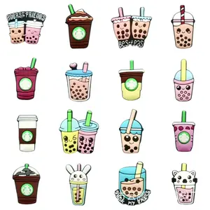 Cartoon Milk tea coffee Croc Shoe Charms for Kids Boys Girls Women Men PVC Wristband Sandals Clog Accessories Party Favor with Dragon and Character Designs