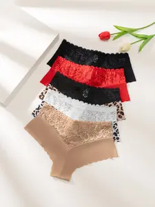 Low Waist Sexy Elegant Leopard Lace Women's Thong Panties, Wave Hem High-Waisted Underwear, Daily Wear All-Seasons Pack of 5