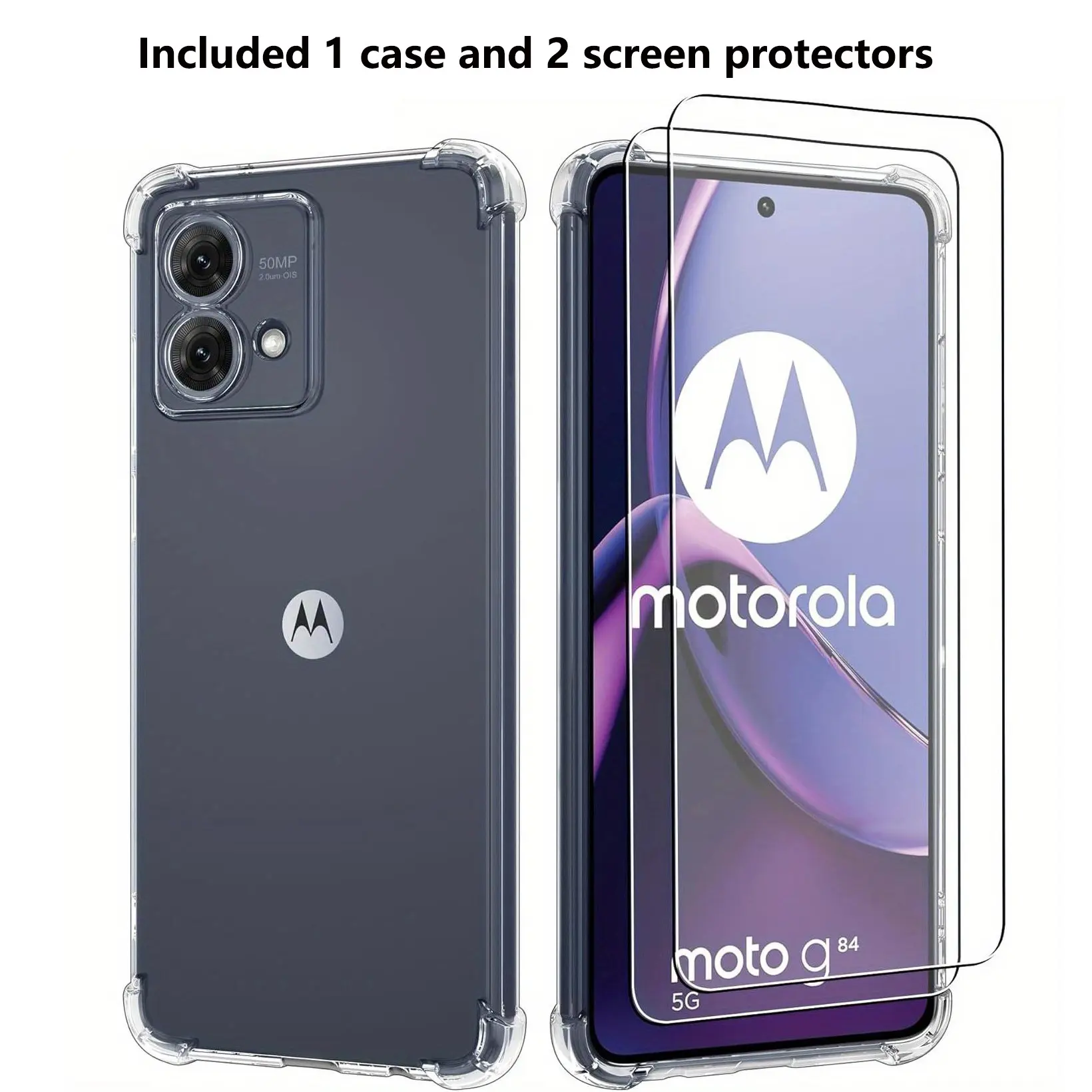 Case for Motorola Moto G84, with 2 Pieces Tempered Glass Screen Protector, Clear Protective Phone Case with Reinforced Corners Camera Protection Bumper Slim Fit Shockproof TPU Case, Drop Proof Transparent, Shockproof Cellphone Accessory