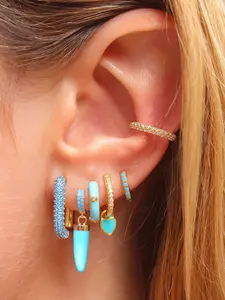 6 Pcs Luxury 24K Gold Plated Cubic Zirconia Stud Earrings Set For Women Blue Zircon Hoop Earrings Pack Heart Drop Dangle Earrings Stack