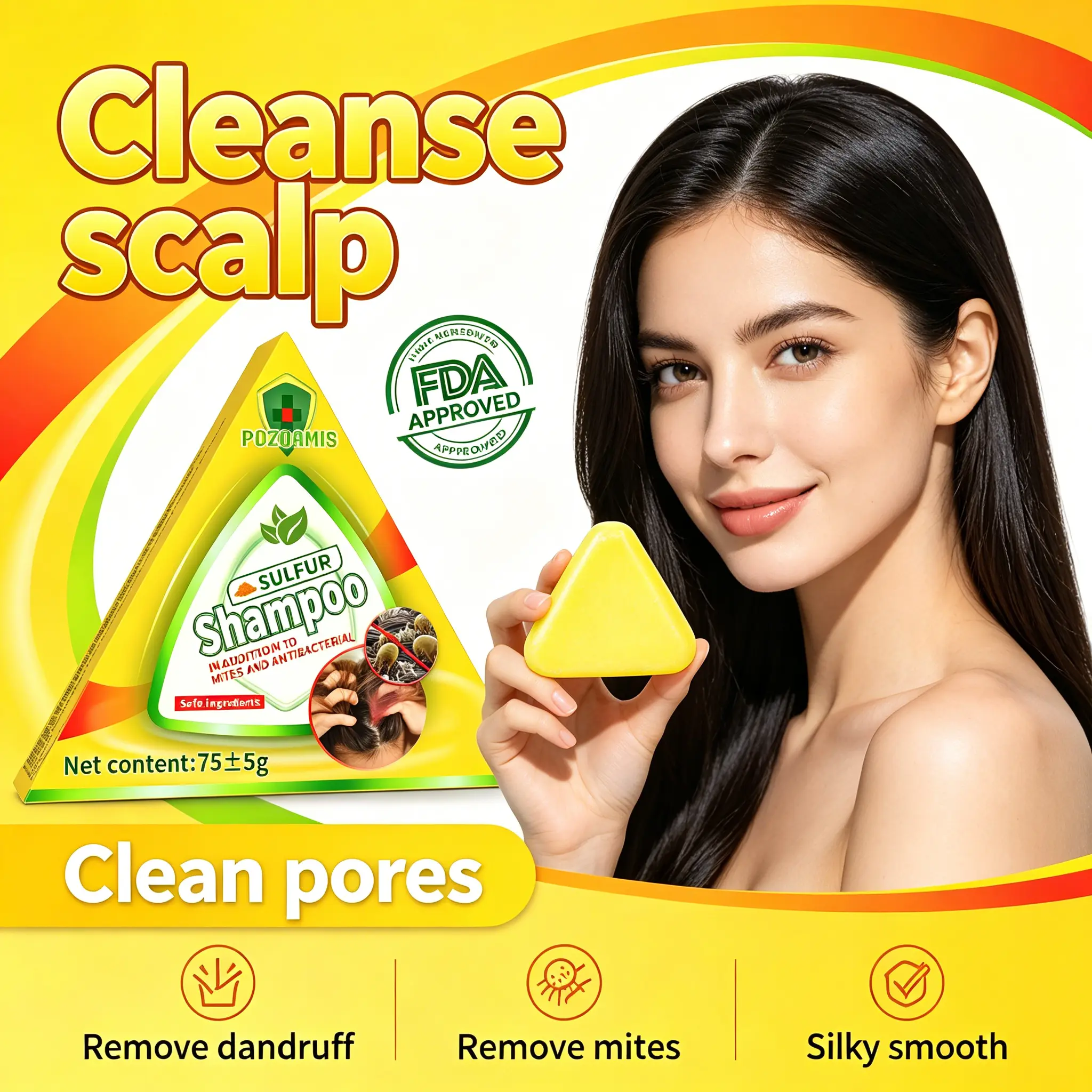 POZOAMIS Sulfur & Coconut Shampoo Bar for Itch Relief & Flaky Scalps, Gentle Herbal Haircare Formula for Demodex Mites, 75g, Cleanser, Beauty Products, Wavy, Scalp Care