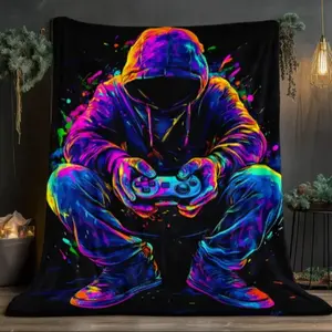 Player Gamer Flannel Figure Print Blanket with Controller Pattern, Lightweight Soft Warm Shawl for Sofa Bed Travel Camping Office