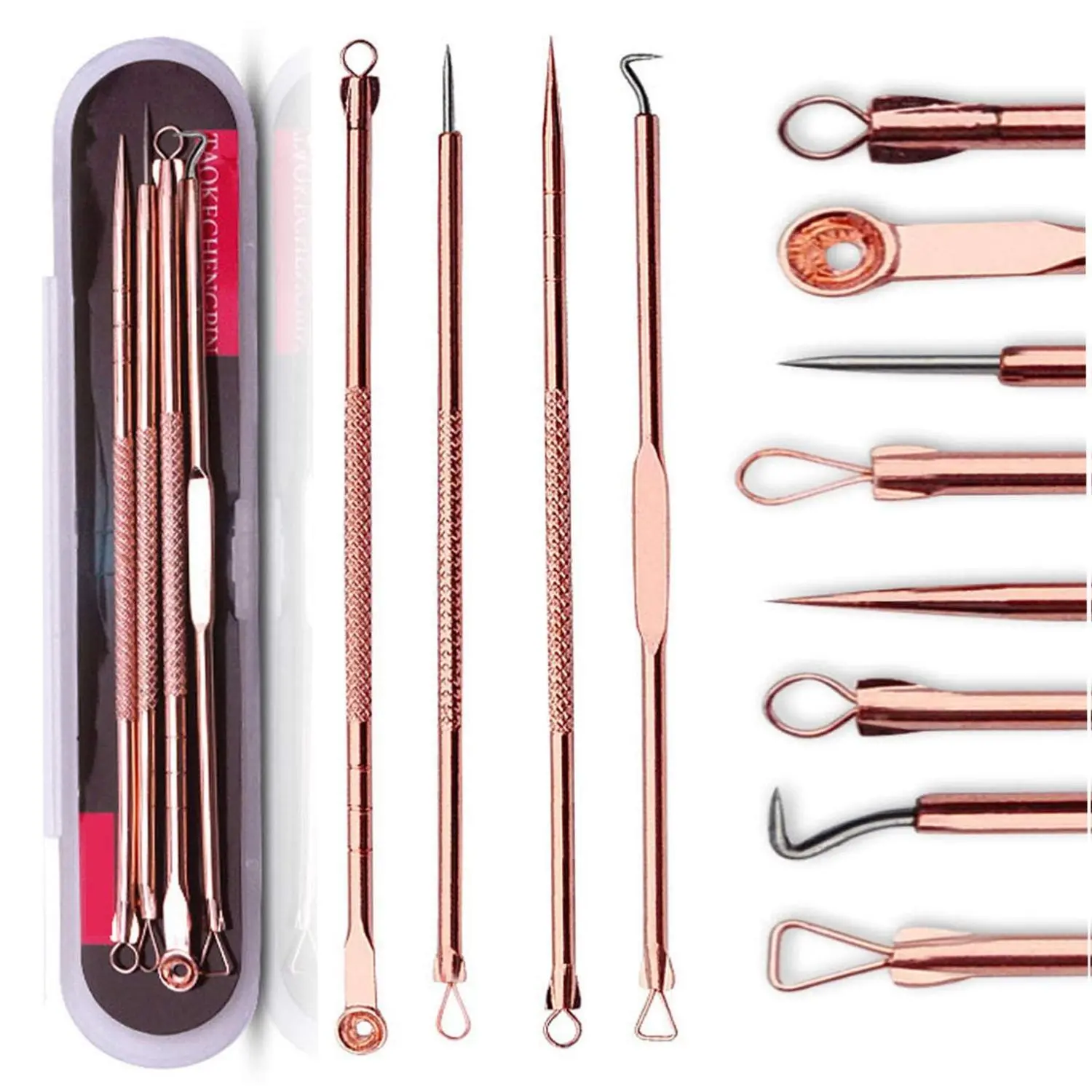 4-Piece Manual Stainless Steel Blackhead Remover Kit - Pimple Comedone Extractor, Removes Blemishes, Whiteheads, Zits, Risk-Free for Nose & Face Skin, with Rose Case [New Deal]