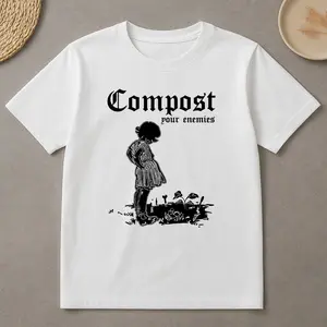 "Compost Your Enemies" pattern printed heavy cotton T-shirt - loose dropped shoulder vintage street style top, T-shirt Crewneck Fashion women's shirts