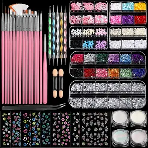 Nail Art Brushes Set, Nail Art Kit, Nail Design Kit, Nail Dotting Tools, Nail Kit for Beginners, Chrome Nail Powder, Nail Stickers, Nail Rhinestones, Nail Charms Gems Nail Art Decoration Kit, Iridescent, Pearl
