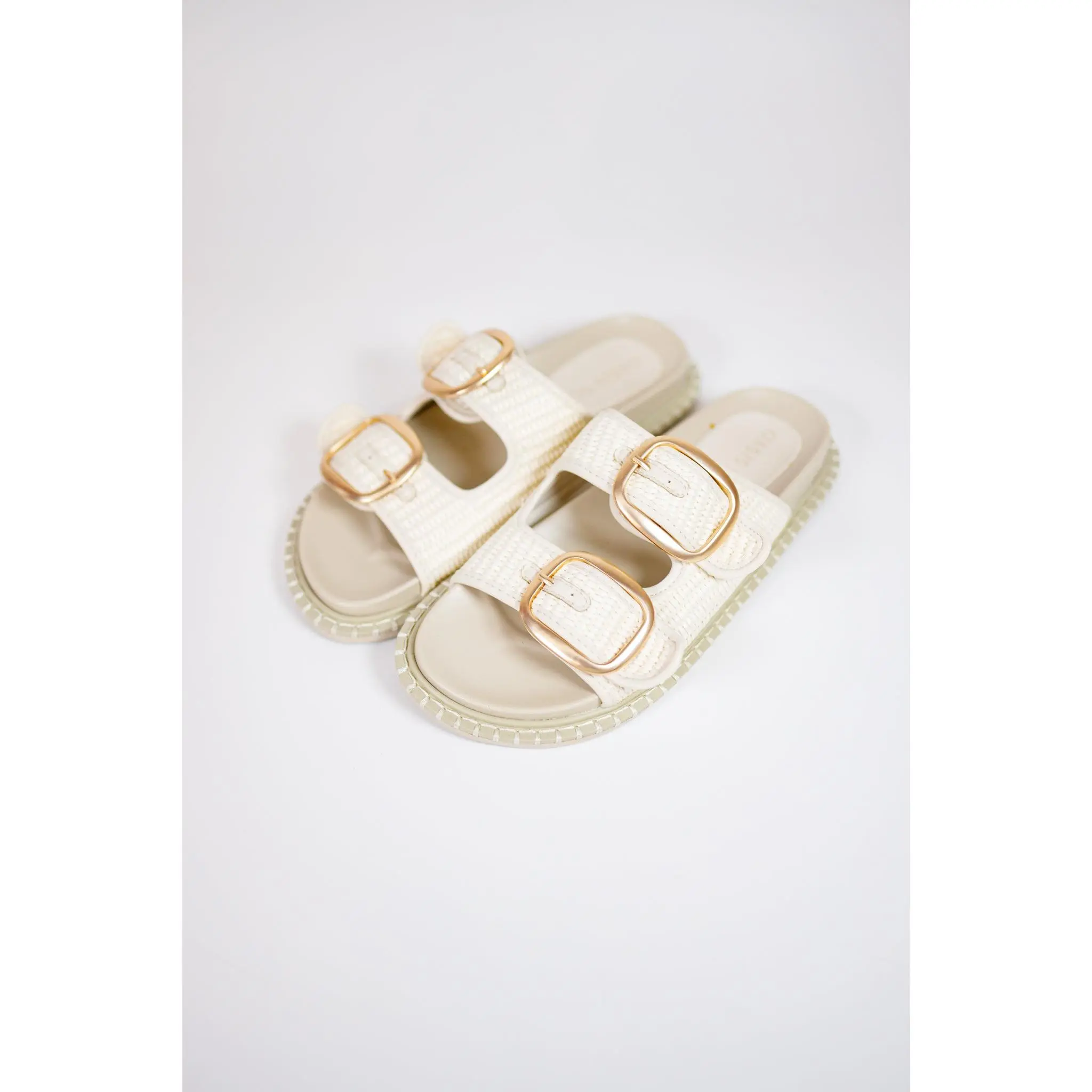 Daytona Ivory Two-Tone Raffia Gold Buckle Sandal