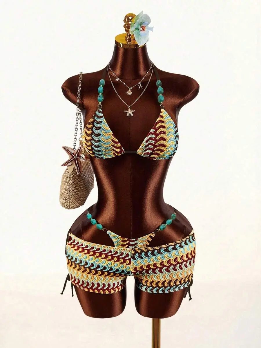 Women's 3-Pieces Boho Pattern Triangle Bikini Set - Turquoise Beaded Strap, Crochet, Teal Summer Beach Holiday Swimwear with Bra & Shorts (Beach Wear Outfits)