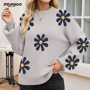 Women's Pullover Turtleneck Sweater Long Sleeve Oversized Lantern Ribbed Knitwear Casual Thin Comfy Knitted Flowers Design summerwins