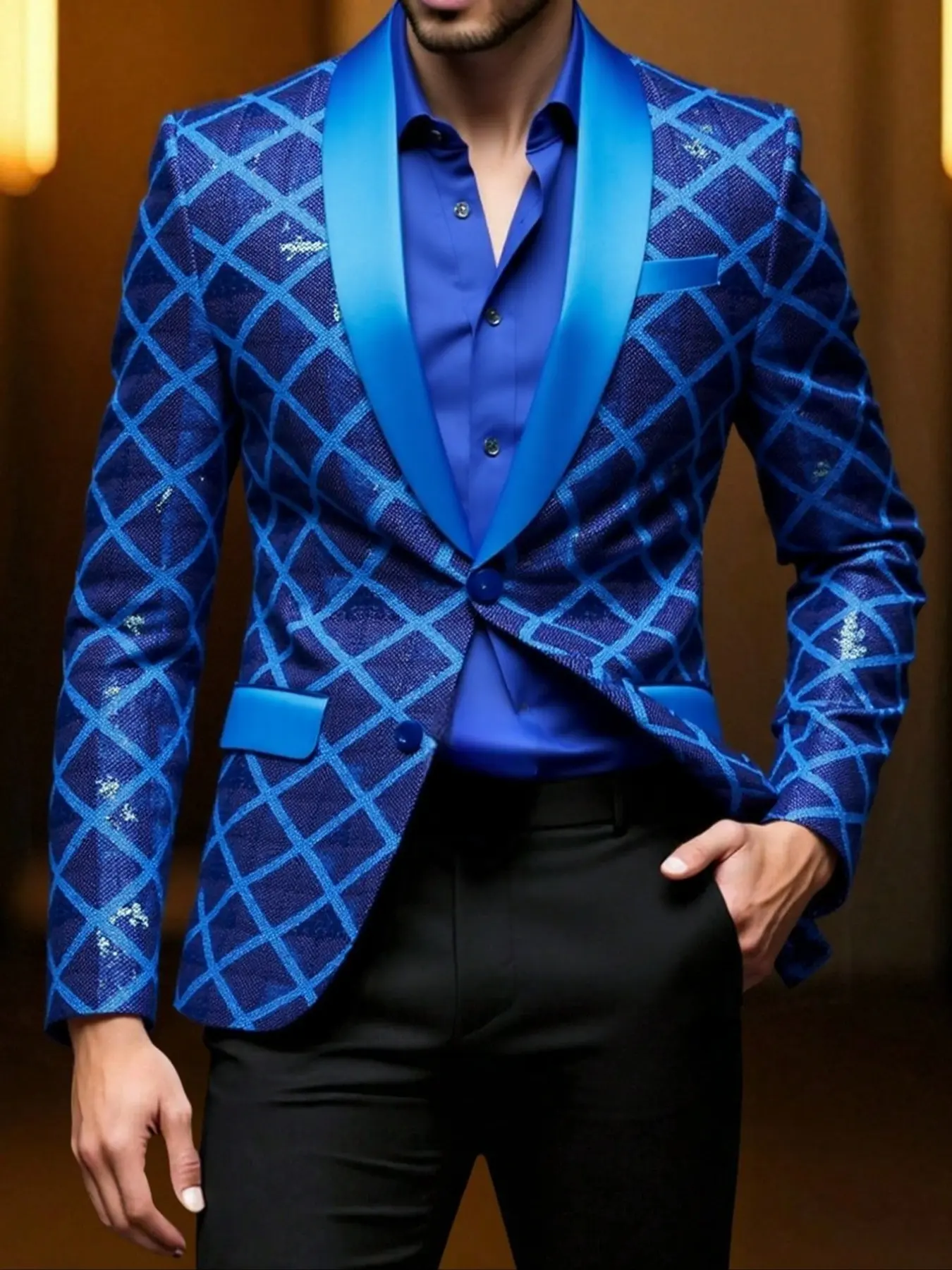 Men's Solid Color Sequin Festive Fitted Suit Jacket, Perfect for Parties & Evening Wear, Ideal Christmas Gift, Stylish Men's Formal Outerwear