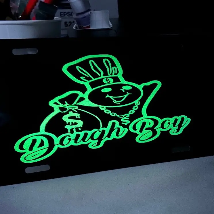 Custom Dough Boy-Dough Girl Automotive Front License Plate, 6" x 12" Aluminum Car Exterior Accessory with 4 Mounting Slots, Absorb Light Light-Up Fluorescent Plate
