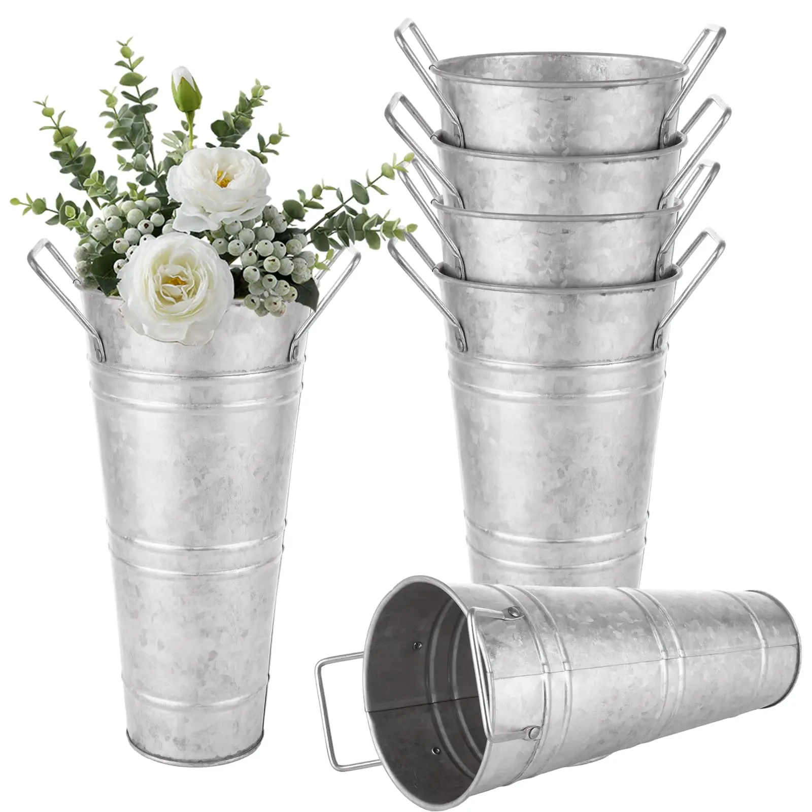 6 Pack 9 Inch Galvanized Flower Bar Buckets  For Metal Bucket Decoration And Vase With Handles Wedding Balcony Garden Home Decor