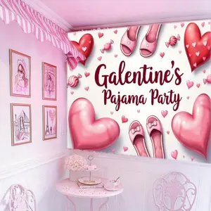 1PC,2D Flat Galentine's Pajama Party Backdrop, Valentine's Day Girls' Party Decoration Tapestry, Heart - shaped Slippers & Candies Pattern, Wall Hanging for Girlfriends' Gathering, Bedroom Photo