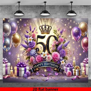 2D flat, 1 piece 50th birthday banner background, large number 50 with gold and pink balloons, purple roses and gold crown, elegant 50th party decoration, suitable for milestone celebrations