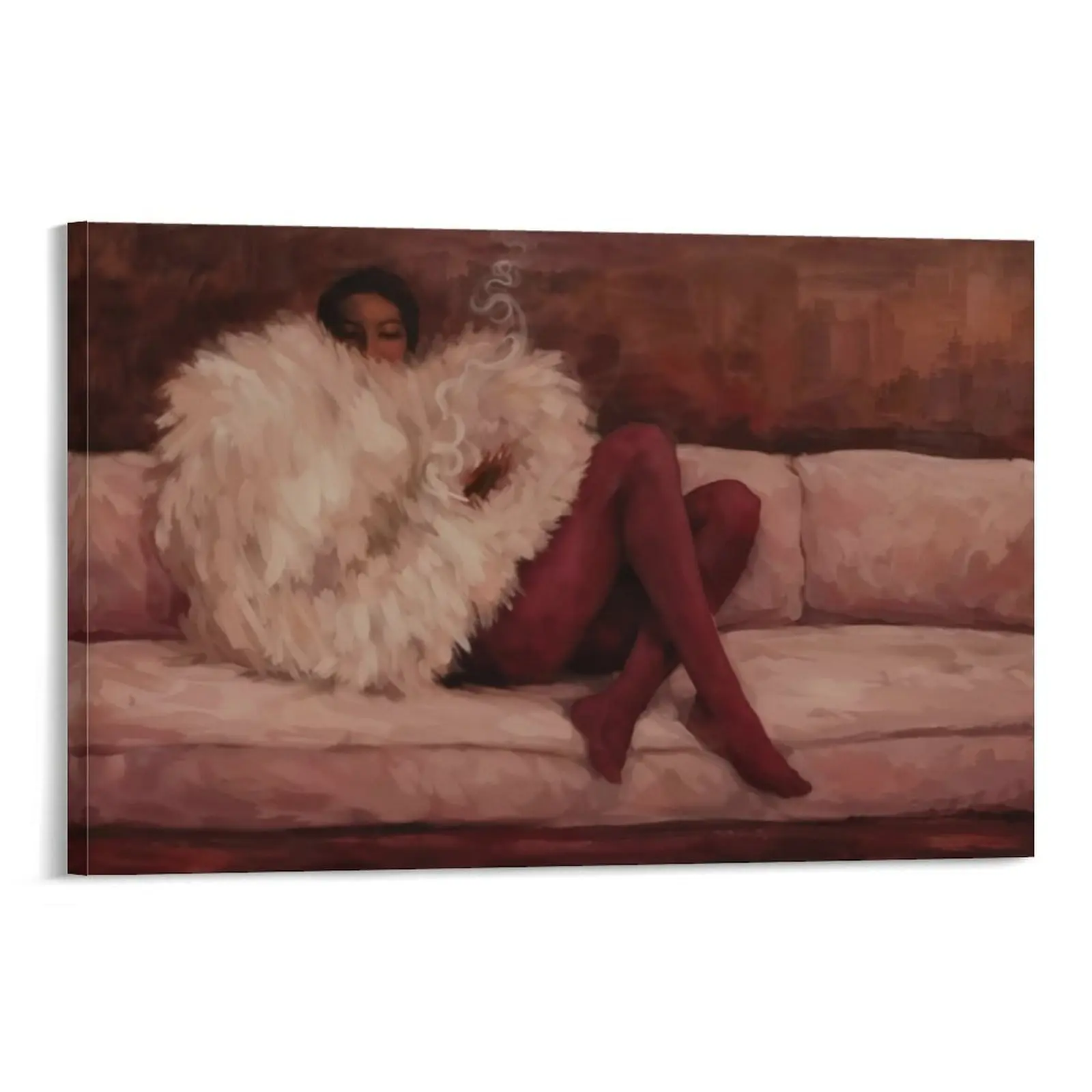 Handdrawn Mid-Century Retro Textured Oil Painting - Abstract Fashion Woman on Sofa Pink Ruby Classic Print Wall Art, Artistic Vintage Art Decor, Abstract Design Decoration for Above Bed