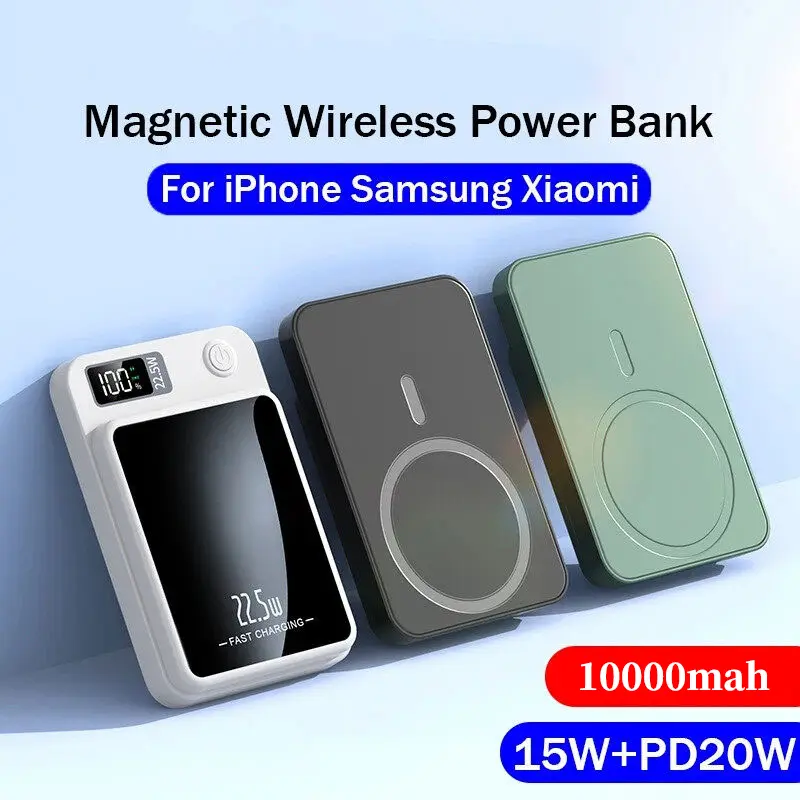 10000mAh Magnetic Power Bank 15W MagSafe Wireless Charging with Digital Display for iPhone 12-17 Pro Max Series AirPods Powerbank Chargeable Smartphone Travel Battery Pack