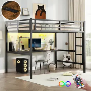 Metal Full Size Loft Bed  with Power Outlet and LED Lighted, Space-Saving, Noise Reduced, Black