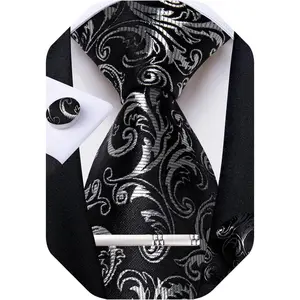DiBanGu Silk Floral Ties for Men Woven Paisley Necktie and Tie Clip Handkerchief Cufflinks Set for Party Wedding