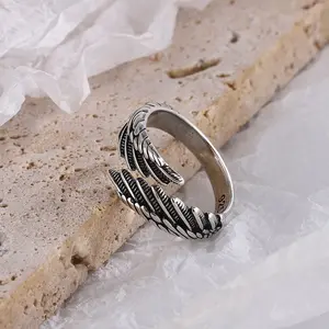 Men's retro feather ring, adjustable angel wing stainless steel ring, birthday gift for men