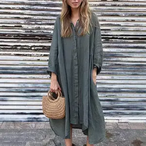 Women’s Autumn Loose Solid Color Cotton Linen Long Shirt Dress with Casual Long Sleeves