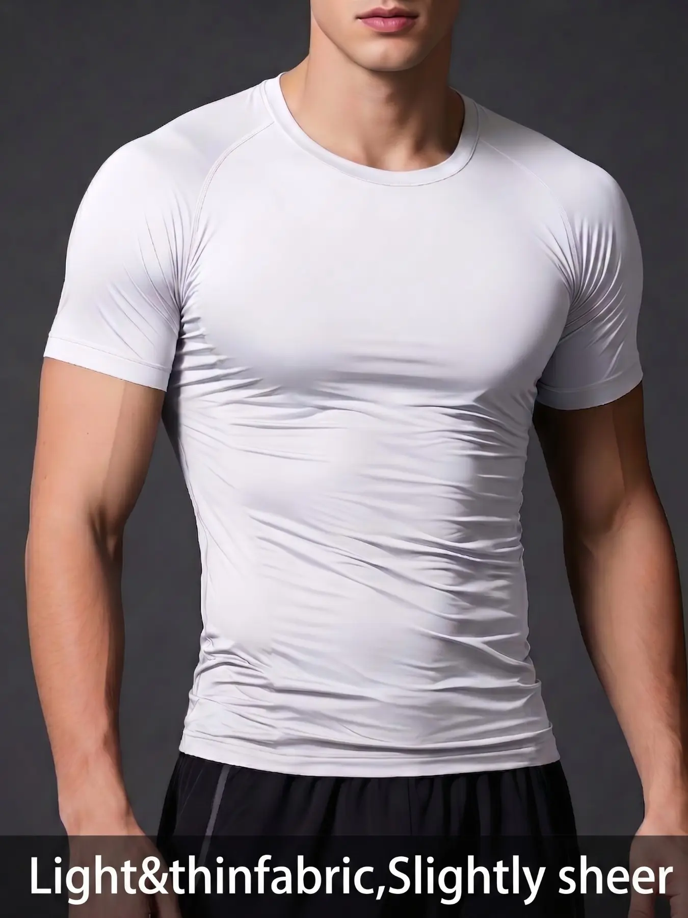 Men's Compression Shirt Short Sleeve,  Crew Neck Elastic Fabric Workout Tee for Outdoor Fitness, Running, Weightlifting & Gym Training. Breathable Athletic Activewear Top, Quick Dry Stretchy Sports Base Layer Undershirt.