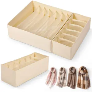 3 Set Soft Scarf Organizer for Drawer, Fabric Storage Bins with 6, 7, 8 Compartments for Scarves and Accessories, Non-damaging Flexible Storage for Home Organization (Beige)