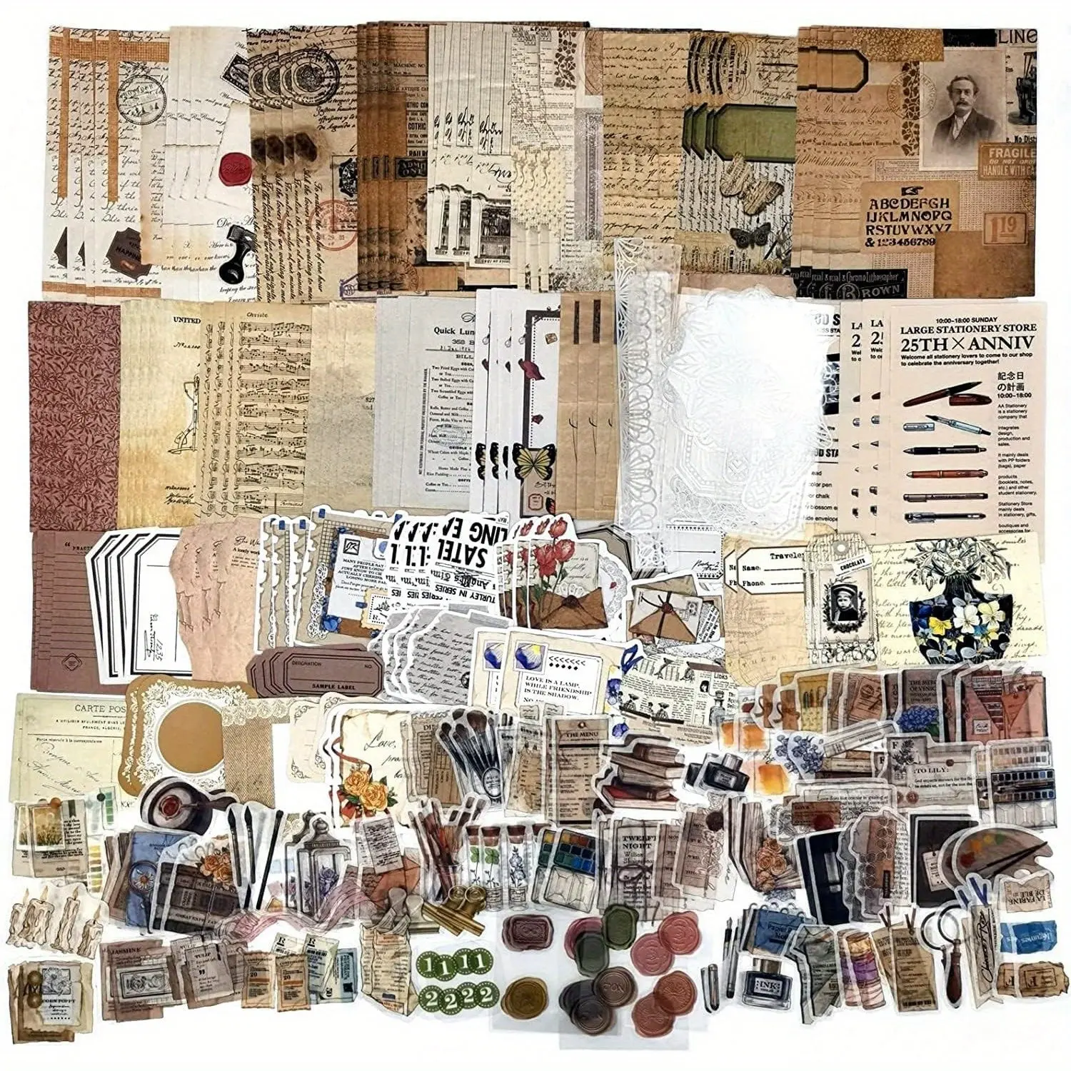 Retro Vintage Scrapbooking Materials Set, 260pcs Multi-Material Office Stationery Kit with Assorted Illustrations - 80 Washi Accents, 120 Paper Items, 40 PET Accents, 20 Cards, Stickers, Card Stock for Journaling, Scrapbook Paper, Paper-Based