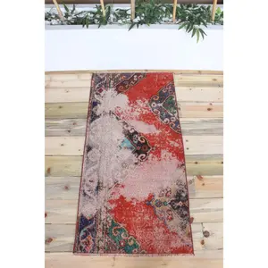 Vintage Rug, 2.1x4.3 ft Small Rug, Red Rainbow Oushak
