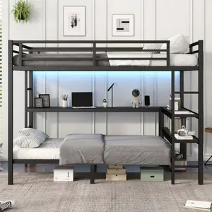 【Bellemave】FULL XL Over Twin Bunk Bed with Desk and Shelves, Multiple Placement, with LED and USB, Black