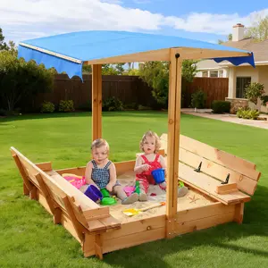 FUNTOK 48''x48'' Kids Sandbox with Lid, Wooden Sand Box with Foldable Bench Seats, Retractable & Rotatable Canopy, UV-Protection, 300 Lbs Weight Capacity, for Backyard, Patio, Outdoor Play