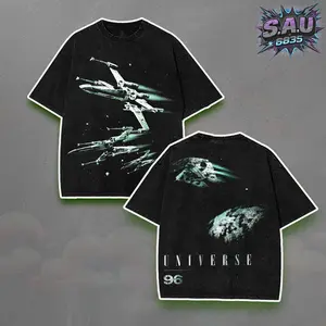 Universe 96 Spaceship Fleet Graphic Tee Sci-Fi Cosmic Art - Heavyweight Acid Wash Boxy Fit Premium Cotton T-Shirt, Retro Galaxy Star Fighter Top, Unisex Vintage Grunge Streetwear Apparel