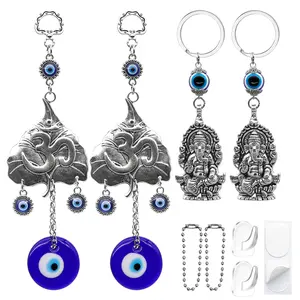 Anatolia Evil Eye Car Decor & Home Protection Kit 4 Pack - 2 OM Evil Eye Wall Hanging Charms,2 Ganesha Evil Eye Key Chains,Turkish Nazar Amulet Boncugu Perfect for Gifting Diwali Housewarming